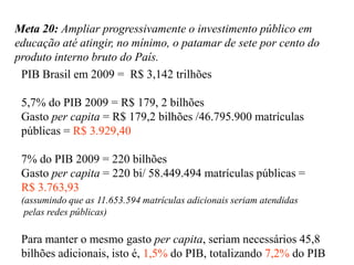 Meta 20: Ampliar progressivamente o investimento público em
educação até atingir, no mínimo, o patamar de sete por cento do
produto interno bruto do País.
 PIB Brasil em 2009 = R$ 3,142 trilhões

 5,7% do PIB 2009 = R$ 179, 2 bilhões
 Gasto per capita = R$ 179,2 bilhões /46.795.900 matrículas
 públicas = R$ 3.929,40

 7% do PIB 2009 = 220 bilhões
 Gasto per capita = 220 bi/ 58.449.494 matrículas públicas =
 R$ 3.763,93
 (assumindo que as 11.653.594 matrículas adicionais seriam atendidas
  pelas redes públicas)

 Para manter o mesmo gasto per capita, seriam necessários 45,8
 bilhões adicionais, isto é, 1,5% do PIB, totalizando 7,2% do PIB
 