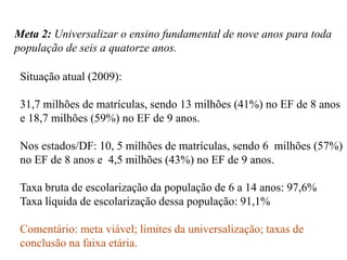 Meta 2: Universalizar o ensino fundamental de nove anos para toda
população de seis a quatorze anos.

 Situação atual (2009):

 31,7 milhões de matrículas, sendo 13 milhões (41%) no EF de 8 anos
 e 18,7 milhões (59%) no EF de 9 anos.

 Nos estados/DF: 10, 5 milhões de matrículas, sendo 6 milhões (57%)
 no EF de 8 anos e 4,5 milhões (43%) no EF de 9 anos.

 Taxa bruta de escolarização da população de 6 a 14 anos: 97,6%
 Taxa líquida de escolarização dessa população: 91,1%

 Comentário: meta viável; limites da universalização; taxas de
 conclusão na faixa etária.
 