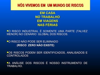 3
NÓS VIVEMOS EM UM MUNDO DE RISCOSNÓS VIVEMOS EM UM MUNDO DE RISCOS
EM CASAEM CASA
NO TRABALHONO TRABALHO
EM VIAGENSEM VIAGENS
NAS FÉRIASNAS FÉRIAS
O RISCO INDUSTRAIL É SOMENTE UMA PARTE (TALVEZO RISCO INDUSTRAIL É SOMENTE UMA PARTE (TALVEZ
MENOR) NO CENÁRIO GLOBAL DOS RISCOS.MENOR) NO CENÁRIO GLOBAL DOS RISCOS.
O RISCO NÃO PODE SER ELIMINADOO RISCO NÃO PODE SER ELIMINADO
(RISCO ZERO NÃO EXISTE)(RISCO ZERO NÃO EXISTE)
OS RISCOS PODEM SER IDENTIFICADOS, ANALISADOS EOS RISCOS PODEM SER IDENTIFICADOS, ANALISADOS E
CONTROLADOSCONTROLADOS
A ANÁLISE DOS RISCOS É NOSSO INSTRUMENTO DEA ANÁLISE DOS RISCOS É NOSSO INSTRUMENTO DE
TRABALHO.TRABALHO.
 