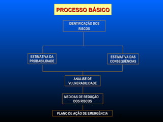 4
PROCESSO BÁSICOPROCESSO BÁSICO
ESTIMATIVA DAESTIMATIVA DA
PROBABILIDADEPROBABILIDADE
ESTIMATIVA DASESTIMATIVA DAS
CONSEQUÊNCIASCONSEQUÊNCIAS
ANÁLISE DEANÁLISE DE
VULNERABILIDADEVULNERABILIDADE
MEDIDAS DE REDUÇÃOMEDIDAS DE REDUÇÃO
DOS RISCOSDOS RISCOS
PLANO DE AÇÃO DE EMERGÊNCIAPLANO DE AÇÃO DE EMERGÊNCIA
IDENTIFICAÇÃO DOSIDENTIFICAÇÃO DOS
RISCOSRISCOS
 
