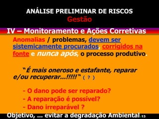 13
ANÁLISE PRELIMINAR DE RISCOS
Gestão
IV – Monitoramento e Ações Corretivas
Anomalias / problemas, devem ser
sistemicamente procurados, corrigidos na
fonte e nunca após, o processo produtivo.
“É mais oneroso e estafante, reparar
e/ou recuperar...!!!!! “ ( ? )
- O dano pode ser reparado?
- A reparação é possível?
- Dano irreparável ?
Objetivo, ... evitar a degradação Ambiental.
 
