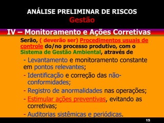 15
ANÁLISE PRELIMINAR DE RISCOS
Gestão
IV – Monitoramento e Ações Corretivas
Serão, ( deverão ser) Procedimentos usuais de
controle do/no processo produtivo, com o
Sistema de Gestão Ambiental, através de
- Levantamento e monitoramento constante
em pontos relevantes;
- Identificação e correção das não-
conformidades;
- Registro de anormalidades nas operações;
- Estimular ações preventivas, evitando as
corretivas;
- Auditorias sistêmicas e periódicas.
 