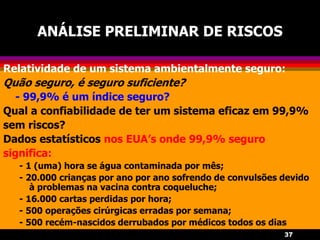 37
ANÁLISE PRELIMINAR DE RISCOS
Relatividade de um sistema ambientalmente seguro:
Quão seguro, é seguro suficiente?
- 99,9% é um índice seguro?
Qual a confiabilidade de ter um sistema eficaz em 99,9%
sem riscos?
Dados estatísticos nos EUA’s onde 99,9% seguro
significa:
- 1 (uma) hora se água contaminada por mês;
- 20.000 crianças por ano por ano sofrendo de convulsões devido
à problemas na vacina contra coqueluche;
- 16.000 cartas perdidas por hora;
- 500 operações cirúrgicas erradas por semana;
- 500 recém-nascidos derrubados por médicos todos os dias
 