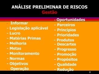 7
ANÁLISE PRELIMINAR DE RISCOS
Gestão
- Informar
- Legislação aplicável
- Lucro
- Matérias Primas
- Melhoria
- Metas
- Monitoramento
- Normas
- Objetivos
- Operação
- Oportunidades
- Parceiros
- Princípios
- Prioridades
- Produtos
- Descartes
- Progresso
- Promoção
- Propósitos
- Qualidade
- Redução
 