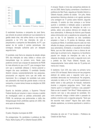60%                                                        A sinopse: Desde o início das campanhas eleitorais do
  50%                                                        ano de 2008, Marta Suplicy comandava o favoritismo à
  40%
                                                             prefeitura de São Paulo, seguida por Geraldo Alckmin e
  30%
                                                             Gilberto Kassab, prefeito da cidade. Em julho, Marta
                                                             apresentava liderança absoluta e em agosto apontava
  20%
                                                             uma vantagem de 17 pontos sobre Alckmin, segundo
  10%
                                                             colocado. O cenário da crise começou a se formar
    0%
                                                             quando o candidato à reeleição passa a apresentar
          Serra - PSDB   Mercadante - PT Quércia - Quércia
                                                             crescimento nos índices de intenções de voto e a
                                                             petista, adere uma postura ofensiva em relação aos
O escândalo favoreceu a campanha de José Serra,              seus adversários. A diferença de Alckmin para Kassab
que através da postura adotada por sua assessoria na         estava diminuindo com a seqüência da campanha, até
gestão desta crise, não sofreu danos a sua imagem,           que no dia 13 de Setembro os dois candidatos
passando a ter 51% das intenções de voto e                   empatam e ficam a 16 pontos da liderança, ainda
prejudicando a campanha de Mercadante, do PT, que            ocupada por Marta. A candidata assume cada vez mais
apesar de ter subido 2 pontos percentuais, não               atitudes de ataque, preocupando-se apenas em atingir
conseguiu elevação suficiente para um desejado               seus adversários. Entretanto, o resultado foi inevitável:
segundo turno.                                               Marta, que era líder absoluta e teve a chance de ser
                                                             eleita logo no primeiro turno, despencou no favoritismo
O candidato José Serra às vésperas da eleição atingia        popular em relação às intenções de voto e, às
59% das intenções de votos válidos e venceu com              vésperas da eleição, já era certo o segundo turno com
tranquilidade logo no primeiro turno. Neste caso             o prefeito de São Paulo Gilberto Kassab, que,
podemos concluir que a equipe de assessoria do PSDB          inesperadamente, havia subido mais de 15 pontos em
foi mais eficiente do que a do PT, pois conseguiu fazer      menos de 3 meses.
com que o escândalo afetasse o menos possível a
imagem dos seus candidatos. O candidato Geraldo              O desfecho: Com 32% dos votos no primeiro turno
Alckmin cresceu surpreendentemente nas pesquisas,            contra 33% de Kassab, Marta insinua em seu programa
provocando um segundo turno que até então era                eleitoral de estreia para o segundo turno que o
improvável. Se a vantagem do candidato Lula sobre            candidato democrata era homossexual. No programa,
seu adversário não fosse tão grande desde o início da        veiculado no rádio e na TV, um locutor questionava o
campanha, o tucano talvez tivesse as eleições de 2006        eleitor sobre a vida particular de Kassab, realizando
em suas mãos.                                                durante o programa perguntas como: “Você sabe
                                                             mesmo quem é o Kassab? Conhece o seu passado?
Quanto às decisões judiciais, o Supremo Tribunal             Sabe se ele é casado? Tem filhos?” Marta explorou ao
Federal decidiu por arquivar o caso e recusou o pedido       máximo com isso a vida pessoal do candidato. Em
de investigação sobre os petistas protocolado pelo           outro comercial, indaga o eleitor sobre o passado do
PSDB. As sentenças aos pertencentes a máfia dos              prefeito e termina com a seguinte pergunta: “Será que
Sanguessugas foram proferidas apenas em 2009, três           ele esconde mais coisas?” Alguns dias após estas
anos após as descobertas.                                    atitudes apelativas, os números apontavam o cenário a
                                                             seguir:
Em casa de ferreiro...

O palco: Eleições municipais de 2008
                                                             Intenções de voto em 17 de Outubro – Prefeitura da
Os protagonistas: Os candidatos à prefeitura de São          Cidade de São Paulo
Paulo, Marta Suplicy (PT) e Gilberto Kassab (DEM).


                                                                                                                    5
 