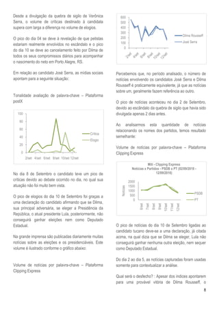Desde a divulgação da quebra de sigilo de Verônica          600
Serra, o volume de críticas destinado à candidata           500
supera com larga a diferença no volume de elogios.          400
                                                            300
                                                                                                                                          Dilma Rousseff
O pico do dia 04 se deve à revelação de que petistas        200
                                                            100                                                                           José Serra
estariam realmente envolvidos no escândalo e o pico
                                                              0
do dia 10 se deve ao cancelamento feito por Dilma de
todos os seus compromissos diários para acompanhar
o nascimento do neto em Porto Alegre, RS.

Em relação ao candidato José Serra, as mídias sociais     Percebemos que, no período analisado, o número de
apontam para a seguinte situação:                         notícias envolvendo os candidatos José Serra e Dilma
                                                          Rousseff é praticamente equivalente, já que as notícias
                                                          sobre um, geralmente fazem referência ao outro.
Tonalidade avaliação de palavra-chave – Plataforma
postX                                                     O pico de notícias aconteceu no dia 2 de Setembro,
                                                          devido ao escândalo da quebra de sigilo que havia sido
  100                                                     divulgada apenas 2 dias antes.
   80
                                                          Ao analisarmos esta quantidade de notícias
   60                                                     relacionando os nomes dos partidos, temos resultado
                                                Crítica
   40                                                     semelhante:
                                                Elogio
   20
                                                          Volume de notícias por palavra-chave – Plataforma
    0                                                     Clipping Express
        2/set 4/set 6/set 8/set 10/set 12/set
                                                                                     Miti - Clipping Express
                                                                          Notícias x Partidos - PSDB x PT (02/09/2010 -
No dia 8 de Setembro o candidato teve um pico de                                            12/09/2010)
críticas devido ao debate ocorrido no dia, no qual sua                  2000
atuação não foi muito bem vista.                                        1500
                                                             Notícias




                                                                        1000
                                                                                                                                                  PSDB
O pico de elogios do dia 10 de Setembro foi graças a                     500
                                                                           0                                                                      PT
uma declaração do candidato afirmando que se Dilma,
                                                                               6/set
                                                                                       7/set
                                                                                               8/set
                                                                                                       9/set
                                                                                                               10/set
                                                                                                                        11/set
                                                                                                                                 12/set




sua principal adversária, se eleger a Presidência da
República, o atual presidente Lula, posteriormente, não
conseguirá ganhar eleições nem como Deputado
Estadual.                                                 O pico de notícias do dia 10 de Setembro ligadas ao
                                                          candidato tucano deve-se a uma declaração, já citada
Na grande imprensa são publicadas diariamente muitas      acima, na qual dizia que se Dilma se eleger, Lula não
notícias sobre as eleições e os presidenciáveis. Este     conseguirá ganhar nenhuma outra eleição, nem sequer
volume é ilustrado conforme o gráfico abaixo:             como Deputado Estadual.

                                                          Do dia 2 ao dia 5, as notícias capturadas foram usadas
Volume de notícias por palavra-chave – Plataforma         somente para contextualizar a análise.
Clipping Express
                                                          Qual será o desfecho? : Apesar dos índices apontarem
                                                          para uma provável vitória de Dilma Rousseff, o
                                                                                                                                                           8
 