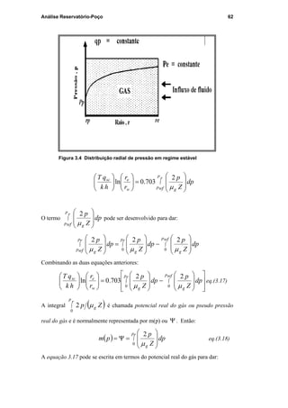 Análise Reservatório-Poço 62
Figura 3.4 Distribuição radial de pressão em regime estável
dp
Z
p
r
r
hk
qT r
wf
p
p gw
esc
∫








=











µ
2
703.0ln
O termo dp
Z
pr
wf
p
p g
∫








µ
2
pode ser desenvolvido para dar:
∫ ∫ ∫








−








=







r
wf
r wfp
p
p p
ggg
dp
Z
p
dp
Z
p
dp
Z
p
0 0
222
µµµ
Combinando as duas equações anteriores:
















−








=











∫ ∫
r wfp p
ggw
esc
dp
Z
p
dp
Z
p
r
r
hk
qT
0 0
22
703.0ln
µµ
eq.(3.17)
A integral ( )∫
rp
g Zp
0
2 µ é chamada potencial real do gás ou pseudo pressão
real do gás e é normalmente representada por m(p) ou Ψ . Então:
( ) ∫








=Ψ=
rp
g
dp
Z
p
pm
0
2
µ
eq.(3.18)
A equação 3.17 pode se escrita em termos do potencial real do gás para dar:
PUC-Rio-CertificaçãoDigitalNº0115617/CA
 