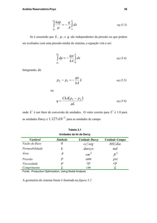 Análise Reservatório-Poço 56
∫∫ −=
L
o
p
p
dx
A
qkdp2
1
µ
eq.(3.3)
Se é assumido que k , µ , e q são independentes da pressão ou que podem
ser avaliados com uma pressão média do sistema, a equação virá a ser:
∫∫ −=
Lp
p
dx
kA
q
dp
0
2
1
µ
eq.(3.4)
Integrando, dá:
L
kA
qu
pp −=− 12 eq.(3.5)
ou
( )
L
ppCkA
q
µ
21 −
= eq.(3.6)
onde C é um fator de conversão de unidades. O valor correto para C é 1.0 para
as unidades Darcy e
3
10127.1 −
x para as unidades de campo.
Tabela 3,1
Unidades da lei de Darcy
Variável Símbolo Unidade Darcy Unidade Campo
Vazão de fluxo q segcc diabbl
Permeabilidade k darcys md
Área A 2
cm 2
ft
Pressão p atm psi
Viscosidade µ cp cp
Comprimento L cm L
Fonte: Production Optimization, Using Nodal Analysis
A geometria do sistema linear é ilustrada na figura 3.2
PUC-Rio-CertificaçãoDigitalNº0115617/CA
 