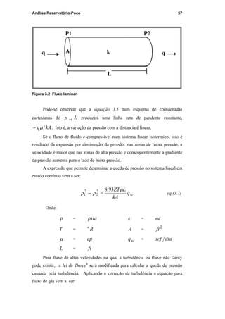 Análise Reservatório-Poço 57
Figura 3.2 Fluxo laminar
Pode-se observar que a equação 3.5 num esquema de coordenadas
cartesianas de Lp vs produzirá uma linha reta de pendente constante,
kAqµ− . Isto é, a variação da pressão com a distância é linear.
Se o fluxo de fluido é compressível num sistema linear isotérmico, isso é
resultado da expansão por diminuição da pressão; nas zonas de baixa pressão, a
velocidade é maior que nas zonas de alta pressão e consequentemente a gradiente
de pressão aumenta para o lado de baixa pressão.
A expressão que permite determinar a queda de pressão no sistema lineal em
estado contínuo vem a ser:
scq
kA
LZT
pp
µ93.82
2
2
1 =− eq.(3.7)
Onde:
p = psia k = md
T = Ro
A =
2
ft
µ = cp scq = diascf
L = ft
Para fluxo de altas velocidades na qual a turbulência ou fluxo não-Darcy
pode existir, a lei de Darcy4
será modificada para calcular a queda de pressão
causada pela turbulência. Aplicando a correção da turbulência a equação para
fluxo de gás vem a ser:
PUC-Rio-CertificaçãoDigitalNº0115617/CA
 