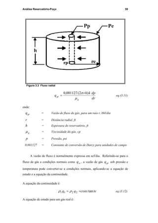 Análise Reservatório-Poço 59
Figura 3.3 Fluxo radial
dr
dpkhr
q
g
gr
µ
π )2(001127,0
= eq.(3.11)
onde:
grq = Vazão de fluxo do gás, para um raio r, bbl/dia
r = Distância radial, ft
h = Espessura do reservatório, ft
gµ = Viscosidade do gás, cp
p = Pressão, psi
0,001127 = Constante de conversão de Darcy para unidades de campo
A vazão de fluxo é normalmente expressa em scf/dia. Referindo-se para o
fluxo de gás a condições normais como scq , a vazão de gás grq sob pressão e
temperatura pode converter-se a condições normais, aplicando-se a equação de
estado e a equação da continuidade.
A equação da continuidade é:
teconsqq tan2211 == ρρ eq.(3.12)
A equação de estado para um gás real é:
PUC-Rio-CertificaçãoDigitalNº0115617/CA
 