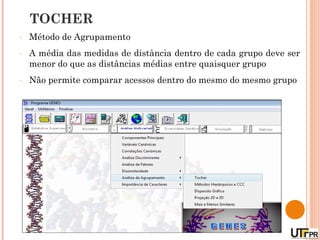 TOCHER
-   Método de Agrupamento
-   A média das medidas de distância dentro de cada grupo deve ser
    menor do que as distâncias médias entre quaisquer grupo
-   Não permite comparar acessos dentro do mesmo do mesmo grupo
 