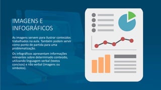 IMAGENS E
INFOGRÁFICOS
As imagens servem para ilustrar conteúdos
trabalhados na aula. Também podem servir
como ponto de partida para uma
problematização.
Os infográficos apresentam informações
relevantes sobre determinado conteúdo,
utilizando linguagem verbal (textos
concisos) e não verbal (imagens ou
símbolos).
 
