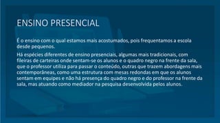 ENSINO PRESENCIAL
É o ensino com o qual estamos mais acostumados, pois frequentamos a escola
desde pequenos.
Há espécies diferentes de ensino presenciais, algumas mais tradicionais, com
fileiras de carteiras onde sentam-se os alunos e o quadro negro na frente da sala,
que o professor utiliza para passar o conteúdo, outras que trazem abordagens mais
contemporâneas, como uma estrutura com mesas redondas em que os alunos
sentam em equipes e não há presença do quadro negro e do professor na frente da
sala, mas atuando como mediador na pesquisa desenvolvida pelos alunos.
 
