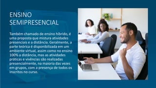 ENSINO
SEMIPRESENCIAL
Também chamado de ensino híbrido, é
uma proposta que mistura atividades
presenciais e a distância. Geralmente, a
parte teórica é disponibilizada em um
ambiente virtual, assim como no ensino
100% a distância, mas as atividades
práticas e vivências são realizadas
presencialmente, na maioria das vezes
em grupos, com a presença de todos os
inscritos no curso.
 