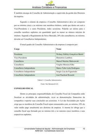 Análises Contábeis e Financeiras

É também encargo do Conselho de Administração a supervisão da gestão dos Diretores
da empresa.

        Segundo o estatuto da empresa o Conselho Administrativo deve ser composto
por no mínimo cinco e no máximo sete membros titulares, sendo que destes um será o
Vice-Presidente e o outro Presidente, todos acionistas. Poderão ser eleitos para o
conselho membros suplentes em quantidade igual ou menor ao número máximo de
titulares. Segundo o Regulamento do Novo Mercado, 20% dos conselheiros, no mínimo,
deverão ser Conselheiros Independentes.

        O atual quadro do Conselho Administrativo da empresa é composto por:

Cargo                                                  Nome

Presidente                                             Wolney Edirley Gonçalves Betiol
Vice-Presidente                                        Demetrios Lambros
Conselheiro                                            Marcel Martins Malczewski
Conselheiro                                            Virgílio Moreira Filho
Conselheiro Independente                               Marco Tulio Leite Rodrigues
Conselheiro Independente                               Sergio Lisa de Figueiredo
Conselheiro Independente                               José Paschoal Rossetti

                             Tabela 2 - Conselho Administrativo

                                 Fonte: Site Bematech S/A

CONSELHO FISCAL

        Dentre as principais responsabilidades do Conselho Fiscal da Companhia estão
fiscalizar as atividades da administração, rever as demonstrações financeiras da
companhia e reportar suas conclusões aos acionistas. A Lei das Sociedades por Ações
exige que os membros do Conselho Fiscal sejam remunerados com, no mínimo, 10% do
valor médio pago anualmente aos diretores da empresa. A mesma lei obriga que o
conselho fiscal seja formado por no mínimo três e no máximo cinco membros e seus
respectivos suplentes.




              Universidade Federal de Itajubá - Administração de Empresas            15
                          ADM 024 - Contabilidade Gerencial
 