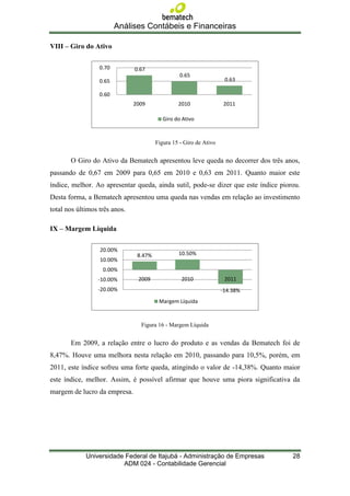 Análises Contábeis e Financeiras

VIII – Giro do Ativo

                  0.70         0.67
                                                  0.65
                  0.65                                               0.63

                  0.60
                               2009              2010               2011

                                           Giro do Ativo



                                        Figura 15 - Giro de Ativo


       O Giro do Ativo da Bematech apresentou leve queda no decorrer dos três anos,
passando de 0,67 em 2009 para 0,65 em 2010 e 0,63 em 2011. Quanto maior este
índice, melhor. Ao apresentar queda, ainda sutil, pode-se dizer que este índice piorou.
Desta forma, a Bematech apresentou uma queda nas vendas em relação ao investimento
total nos últimos três anos.

IX – Margem Líquida

                  20.00%
                                8.47%            10.50%
                  10.00%
                   0.00%
                 -10.00%        2009              2010               2011
                 -20.00%                                            -14.38%
                                         Margem Líquida



                                 Figura 16 - Margem Líquida


       Em 2009, a relação entre o lucro do produto e as vendas da Bematech foi de
8,47%. Houve uma melhora nesta relação em 2010, passando para 10,5%, porém, em
2011, este índice sofreu uma forte queda, atingindo o valor de -14,38%. Quanto maior
este índice, melhor. Assim, é possível afirmar que houve uma piora significativa da
margem de lucro da empresa.




             Universidade Federal de Itajubá - Administração de Empresas            28
                         ADM 024 - Contabilidade Gerencial
 