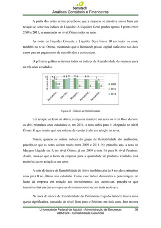 Análises Contábeis e Financeiras

       A partir das notas acima percebe-se que a empresa se manteve muito bem em
relação ao setor nos índices de Liquidez. A Liquidez Geral perdeu apenas 1 ponto entre
2009 e 2011, se mantendo no nível Ótimo todos os anos.

       As notas de Liquidez Corrente e Liquidez Seca foram 10 em todos os anos,
também no nível Ótimo, mostrando que a Bematech possui capital suficiente nos dois
casos para os pagamentos de suas dívidas a curto prazo.

       O próximo gráfico relaciona todos os índices de Rentabilidade da empresa para
os três anos estudados:

                 10   7.5         889       98        88       7
                  8     6.2
                                                                   5
                  6
                  4       1.8                                              2009
                  2                              0         0           0
                  0                                                        2010
                                                                           2011




                                Figura 21 - Índices de Rentabilidade


       Em relação ao Giro do Ativo, a empresa manteve sua nota no nível Bom durante
os dois primeiros anos estudados e, em 2011, a nota subiu para 9, chegando no nível
Ótimo. O que mostra que seu volume de vendas é alto em relação ao setor.

       Porém, quando os outros índices do grupo de Rentabilidade são analisados,
percebe-se que as notas caíram muito entre 2009 e 2011. No primeiro ano, a nota de
Margem Líquida era 9, no nível Ótimo, já em 2009 a nota foi para 0, nível Péssimo.
Assim, nota-se que o lucro da empresa para a quantidade de produtos vendidos está
muito baixo em relação a seu setor.

       A nota do índice de Rentabilidade do Ativo também caiu de 8 nos dois primeiros
anos para 0 no último ano estudado. Como esse índice demonstra a porcentagem de
lucro da empresa em relação aos investimentos dos acionistas, percebe-se que
investimentos em outras empresas do mesmo setor seriam mais rentáveis.

       Na nota do índice de Rentabilidade do Patrimônio Líquido também houve uma
queda significativa, passando do nível Bom para o Péssimo em dois anos. Isso mostra

            Universidade Federal de Itajubá - Administração de Empresas            36
                        ADM 024 - Contabilidade Gerencial
 