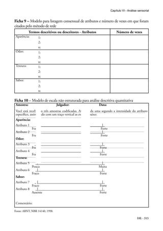 Capítulo VI - Análise sensorial


Ficha 9 – Modelo para listagem consensual de atributos e número de vezes em que foram
citados pelo método de rede
            Termos descritivos ou descritores - Atributos                 Número de vezes
 Aparência:       1:
                  2:
                  n:
 Odor:            1:
                  2:
                  n:
 Textura:         1:
                  2:
                  n:
 Sabor:           1:
                  2:
                  n:

Ficha 10 – Modelo de escala não estruturada para análise descritiva quantitativa
 Amostra:                       Julgador:                    Data:
 Você está recebendo três amostras codificadas. Avalie cada uma segundo a intensidade do atributo
 específico, assinalando com um traço vertical as escalas abaixo:
 Aparência:
 Atributo 1    _|______________________________________|_
            Fraco                                     Forte
 Atributo 2    _|______________________________________|_
            Fraco                                     Forte
 Odor:
 Atributo 3   _ |______________________________________|_
            Fraco                                     Forte
 Atributo 4    _|______________________________________|_
            Fraco                                     Forte
 Textura:
 Atributo 5    _|______________________________________|_
            Pouca                                    Muita
 Atributo 6    _|______________________________________|_
            Fraco                                     Forte
 Sabor:
 Atributo 7   _ |______________________________________|_
            Fraco                                     Forte
 Atributo 8    _|______________________________________|_
            Ausente                                   Forte


 Comentário:

Fonte: ABNT, NBR 14140, 1998.

                                                                                           IAL - 313
 