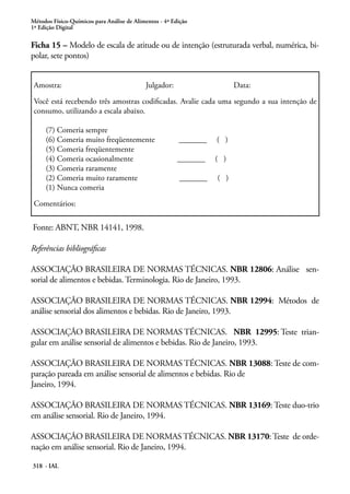 Métodos Físico-Químicos para Análise de Alimentos - 4ª Edição
1ª Edição Digital

Ficha 15 – Modelo de escala de atitude ou de intenção (estruturada verbal, numérica, bi-
polar, sete pontos)


 Amostra:                                   Julgador:                     Data:

 Você está recebendo três amostras codificadas. Avalie cada uma segundo a sua intenção de
 consumo, utilizando a escala abaixo.

     (7) Comeria sempre
     (6) Comeria muito freqüentemente                    _______    ( )
     (5) Comeria freqüentemente
     (4) Comeria ocasionalmente                          _______    ( )
     (3) Comeria raramente
     (2) Comeria muito raramente                          _______   ( )
     (1) Nunca comeria

 Comentários:


Fonte: ABNT, NBR 14141, 1998.

Referências bibliográficas

ASSOCIAÇÃO BRASILEIRA DE NORMAS TÉCNICAS. NBR 12806: Análise sen-
sorial de alimentos e bebidas. Terminologia. Rio de Janeiro, 1993.

ASSOCIAÇÃO BRASILEIRA DE NORMAS TÉCNICAS. NBR 12994: Métodos de
análise sensorial dos alimentos e bebidas. Rio de Janeiro, 1993.

ASSOCIAÇÃO BRASILEIRA DE NORMAS TÉCNICAS. NBR 12995: Teste trian-
gular em análise sensorial de alimentos e bebidas. Rio de Janeiro, 1993.

ASSOCIAÇÃO BRASILEIRA DE NORMAS TÉCNICAS. NBR 13088: Teste de com-
paração pareada em análise sensorial de alimentos e bebidas. Rio de
Janeiro, 1994.

ASSOCIAÇÃO BRASILEIRA DE NORMAS TÉCNICAS. NBR 13169: Teste duo-trio
em análise sensorial. Rio de Janeiro, 1994.

ASSOCIAÇÃO BRASILEIRA DE NORMAS TÉCNICAS. NBR 13170: Teste de orde-
nação em análise sensorial. Rio de Janeiro, 1994.

318 - IAL
 