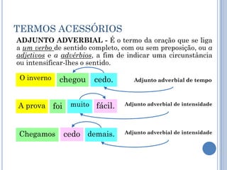 TERMOS ACESSÓRIOSADJUNTO ADVERBIAL - É o termo da oração que se liga a um verbode sentido completo, com ou sem preposição, ou a adjetivos e a advérbios, a fim de indicar uma circunstância ou intensificar-lhes o sentido.O invernochegoucedo.Adjunto adverbial de tempofácil.A provafoimuitoAdjunto adverbial de intensidadecedoChegamosdemais.Adjunto adverbial de intensidade