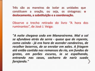 Observe o trecho retirado do livro “A hora dos
ruminantes”, de José J. Veiga:

"A noite chegava cedo em Manarairema. Mal o sol
se afundava atrás da serra - quase que de repente,
como caindo - já era hora de acender candeeiros, de
recolher bezerros, de se enrolar em xales. A friagem
até então contida nos remansos do rio, em fundos de
grotas, em porões escuros, ia se espalhando,
entrando nas casas, cachorro de nariz suado
farejando."
 