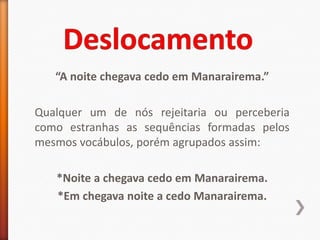 “A noite chegava cedo em Manarairema.”

Qualquer um de nós rejeitaria ou perceberia
como estranhas as sequências formadas pelos
mesmos vocábulos, porém agrupados assim:

   *Noite a chegava cedo em Manarairema.
   *Em chegava noite a cedo Manarairema.
 