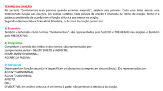 TERMOS DA ORAÇÃO
No período "Conhecemos mais pessoas quando estamos viajando", existem seis palavras. Cada uma delas exerce uma
determinada função nas orações. Em análise sintática, cada palavra da oração é chamada de termo da oração. Termo é a
palavra considerada de acordo com a função sintática que exerce na oração.
Segundo a Nomenclatura Gramatical Brasileira, os termos da oração podem ser:
1) Essenciais
Também conhecidos como termos "fundamentais", são representados pelo SUJEITO e PREDICADO nas orações e também
pelo PREDICATIVO.
2) Integrantes
Completam o sentido dos verbos e dos nomes, são representados por:
complemento verbal - OBJETO DIRETO e INDIRETO;
COMPLEMENTO NOMINAL;
AGENTE DA PASSIVA.
3) Acessórios
Desempenham função secundária (especificam o substantivo ou expressam circunstância). São representados por:
ADJUNTO ADNOMINAL;
ADJUNTO ADVERBIAL;
APOSTO.
Obs.:
O VOCATIVO, em análise sintática, é um termo à parte: não pertence à estrutura da oração.
 