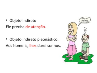 • Objeto indireto
Ele precisa de atenção.
• Objeto indireto pleonástico.
Aos homens, lhes darei sonhos.
 