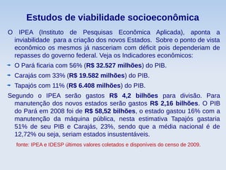 Estudos de viabilidade socioeconômica
O IPEA (Instituto de Pesquisas Econômica Aplicada), aponta a
inviabilidade para a criação dos novos Estados. Sobre o ponto de vista
econômico os mesmos já nasceriam com déficit pois dependeriam de
repasses do governo federal. Veja os Indicadores econômicos:
O Pará ficaria com 56% (R$ 32.527 milhões) do PIB.
Carajás com 33% (R$ 19.582 milhões) do PIB.
Tapajós com 11% (R$ 6.408 milhões) do PIB.
Segundo o IPEA serão gastos R$ 4,2 bilhões para divisão. Para
manutenção dos novos estados serão gastos R$ 2,16 bilhões. O PIB
do Pará em 2008 foi de R$ 58,52 bilhões, o estado gastou 16% com a
manutenção da máquina pública, nesta estimativa Tapajós gastaria
51% de seu PIB e Carajás, 23%, sendo que a média nacional é de
12,72% ou seja, seriam estados insustentáveis.
fonte: IPEA e IDESP últimos valores coletados e disponíveis do censo de 2009.
 