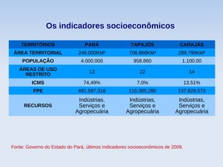 Os indicadores socioeconômicos
Fonte: Governo do Estado do Pará, últimos Indicadores socioeconômicos de 2009.
TERRITÓRIOS PARÁ TAPAJÓS CARAJÁS
ÁREA TERRITORIAL 249.000KM² 708.868KM² 289.799KM²
POPULAÇÃO 4.000.000 958.860 1.100.00
ÁREAS DE USO
RESTRITO
13 22 14
ICMS 74,49% 7,0% 13,51%
FPE 491.597.016 115,365,280 137.629.573
RECURSOS
Indústrias,
Serviços e
Agropecuária
Indústrias,
Serviços e
Agropecuária
Indústrias,
Serviços e
Agropecuária
 