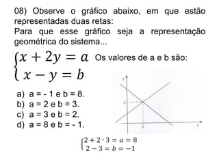 08) Observe o gráfico abaixo, em que estão
representadas duas retas:
Para que esse gráfico seja a representação
geométrica do sistema...
                        Os valores de a e b são:



a)   a = - 1 e b = 8.
b)   a = 2 e b = 3.
c)   a = 3 e b = 2.
d)   a = 8 e b = - 1.
 