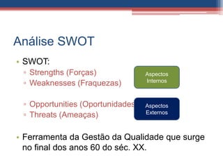 Análise SWOT
• SWOT:
▫ Strengths (Forças)
▫ Weaknesses (Fraquezas)
▫ Opportunities (Oportunidades)
▫ Threats (Ameaças)
• Ferramenta da Gestão da Qualidade que surge
no final dos anos 60 do séc. XX.
Aspectos
Internos
Aspectos
Externos
 