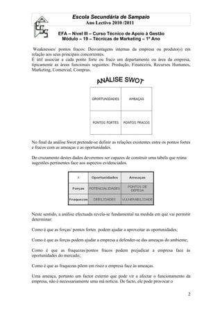 Escola Secundária de Sampaio
                              Ano Lectivo 2010 /2011

               EFA – Nível III – Curso Técnico de Apoio à Gestão
                Módulo – 19 – Técnicas de Marketing – 1º Ano

 Weaknesses/ pontos fracos: Desvantagens internas da empresa ou produto(s) em
relação aos seus principais concorrentes.
É útil associar a cada ponto forte ou fraco um departamento ou área da empresa,
tipicamente as áreas funcionais seguintes: Produção, Financeira, Recursos Humanos,
Marketing, Comercial, Compras.




No final da análise Swot pretende-se definir as relações existentes entre os pontos fortes
e fracos com as ameaças e as oportunidades.

Do cruzamento destes dados deveremos ser capazes de construir uma tabela que reúna
sugestões pertinentes face aos aspectos evidenciados.




Neste sentido, a análise efectuada revela-se fundamental na medida em que vai permitir
determinar:

Como é que as forças/ pontos fortes podem ajudar a aproveitar as oportunidades;

Como é que as forças podem ajudar a empresa a defender-se das ameaças do ambiente;

Como é que as fraquezas/pontos fracos podem prejudicar a empresa face às
oportunidades do mercado;

Como é que as fraquezas põem em risco a empresa face às ameaças.

Uma ameaça, portanto um factor externo que pode vir a afectar o funcionamento da
empresa, não é necessariamente uma má notícia. De facto, ele pode provocar o

                                                                                        2
 
