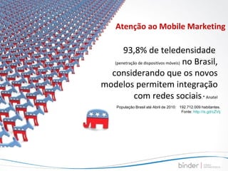 93,8% de teledensidade  (penetração de dispositivos móveis)  no Brasil, considerando que os novos modelos permitem integração com redes sociais .* Anatel Atenção ao Mobile Marketing População Brasil até Abril de 2010:   192.712.009 habitantes. Fonte:  http://is.gd/cZVij 