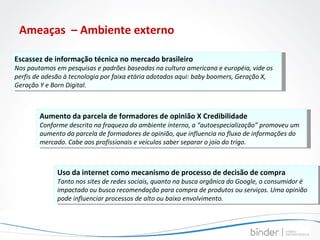 Ameaças  – Ambiente externo Escassez de informação técnica no mercado brasileiro Nos pautamos em pesquisas e padrões baseadas na cultura americana e européia, vide os perfis de adesão à tecnologia por faixa etária adotados aqui: baby boomers, Geração X, Geração Y e Born Digital.  Aumento da parcela de formadores de opinião X Credibilidade Conforme descrito na fraqueza do ambiente interno, a “autoespecialização” promoveu um aumento da parcela de formadores de opinião, que influencia no fluxo de informações do mercado. Cabe aos profissionais e veículos saber separar o joio do trigo. Uso da internet como mecanismo de processo de decisão de compra Tanto nos sites de redes sociais, quanto na busca orgânica do Google, o consumidor é impactado ou busca recomendação para compra de produtos ou serviços. Uma opinião pode influenciar processos de alto ou baixo envolvimento. 