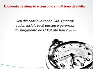 Seu dia continua tendo 24h. Quantas redes sociais você passou a gerenciar do surgimento do Orkut até hoje?  2004-2010 Economia da atenção e consumo simultâneo de mídia 