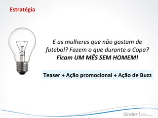 Estratégia  Teaser + Ação promocional + Ação de Buzz E as mulheres que não gostam de futebol? Fazem o que durante a Copa? Ficam UM MÊS SEM HOMEM! 