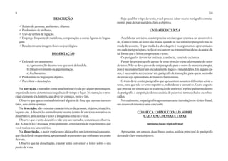 9 10
DESCRIÇÃO
P Relato de pessoas, ambientes, objetos.
PPredomínio de atributos.
P Uso de verbos de ligação.
PEmpregofrequentedemetáforas,comparaçõeseoutrasfigurasdelingua-
gem.
PResultaemumaimagemfísicaoupsicológica.
DISSERTAÇÃO
PDefesadeumargumento:
a)Apresentação de uma tese que será defendida.
b)Desenvolvimentoouargumentação.
c) Fechamento.
PPredomíniodalinguagemobjetiva.
P Prevalece a denotação.
Na narração, o narrador conta uma história vivida por algum personagem,
organizada numa determinada sequência de tempo e lugar. Na narração o prin-
cipal elemento é a história, que deve ter começo, meio e fim.
Observe que quem conta a história é alguém de fora, que apenas narra os
fatos,sememitiropiniões.
Na descrição, são expostas características de pessoas, objetos, situações,
lugares etc.Adescrição normalmente ocorre dentro de um texto narrativo ou
dissertativo,poisauxiliaoleitoraimaginaracenaouolocal.
Observe que o texto descritivo não tem um narrador, somente um observa-
dor.Adescriçãoéutilizada,principalmente,emrelatóriosdeexperimentosque
você realiza nos laboratórios.
Na dissertação, o autor expõe uma ideia sobre um determinado assunto,
queeledefendeouquestiona,apresentandoargumentosqueembasamseuponto
devista.
Observe que na dissertação, o autor tenta convencer o leitor sobre o seu
ponto de vista.
Seja qual for o tipo de texto, você precisa saber usar o parágrafo correta-
mente, para deixar sua ideia clara e objetiva.
UNIDADE INTERNA
Ao elaborar um texto, o autor precisa ter claro qual o tema a ser desenvolvi-
do. Como o tema do texto não muda, quando se faz um novo parágrafo não se
muda de assunto. O que muda é a abordagem e os argumentos apresentados
em cada parágrafo para explicar, esclarecer ou transmitir as ideias do autor, de
tal forma que o leitor compreenda o texto.
Os parágrafos devem ter unidade, coerência, concisão e clareza.
Passar de um parágrafo carece de uma atenção especial por parte do autor
do texto. Não se deve passar de um parágrafo para o outro de maneira abrupta,
pois é necessário fazer um encadeamento lógico e natural deles. Em alguns ca-
sos, é necessário acrescentar um parágrafo de transição, para que a sucessão
de ideias seja apresentada de maneira harmoniosa.
O texto deve conter parágrafos que apresentem assuntos diferentes sobre o
tema, para que não se torne repetitivo, redundante e cansativo. Outro aspecto
que precisa ser observado na elaboração de um texto, e principalmente dentro
do parágrafo, é a repetição desnecessária de palavras, termos chulos ou rebus-
cados.
Normalmente, os parágrafos apresentam uma introdução ou tópico frasal,
umdesenvolvimentoeumaconclusão.
CONHEÇA UM POUCO MAIS SOBRE
CADAUMADESSAS ETAPAS
Introdução ou tópico frasal
Apresentar, em uma ou duas frases curtas, a ideia principal do parágrafo
deixando claro o seu objetivo.
 
