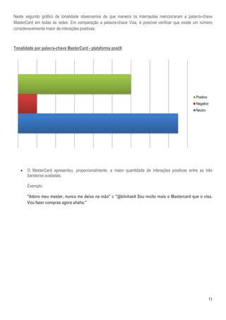 11
Neste segundo gráfico de tonalidade observamos de que maneira os internautas mencionaram a palavra-chave
MasterCard em todas as redes. Em comparação a palavra-chave Visa, é possível verificar que existe um número
consideravelmente maior de interações positivas:
Tonalidade por palavra-chave MasterCard - plataforma postX
 O MasterCard apresentou, proporcionalmente, a maior quantidade de interações positivas entre as três
bandeiras avaliadas.
Exemplo:
''Adoro meu master, nunca me deixa na mão'' e ''@biinhas4 Sou muito mais o Mastercard que o visa.
Vou fazer compras agora ahaha.''
Positivo
Negativo
Neutro
 
