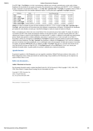 7/8/2014 Análise Vibracional em Gaussian
http://www.gaussian.com/g_whitepap/vib.htm 6/6
Com DFT, Opt = VeryTightpor si só não é necessariamente suficiente para convergir a geometria para o ponto onde as baixas
freqüências são tão próxima de zero quanto você gostaria. Para demonstrar isso, eu tenho que correr B3LYP / 3-21G * otimizações
na água, começando com geometria B da Tabela 3 , com Opt, Opt = apertadoe Opt = VeryTight. Os resultados estão na Tabela 4
. As baixas frequências destes dois trabalhos dificilmente mudam, e de fato piorar para o apertadoe VeryTight otimizações.
Tabela 4: O efeito do tamanho da grade nas baixas freqüências de B3LYP / 3-21G * na água com Opt, Opt = apertadoe Opt =
VeryTight. grids mais precisos são necessários para uma otimização verdadeiramente convergente. As frequências são classificadas
por aumento do valor absoluto, de modo que é mais fácil de distinguir os modos de rotação de modos de vibração.
Dada a convergência para a frente visto com a teoria Hartree-Fock, isto pode não parecer fazer sentido. No entanto, faz sentido se
você lembrar que DFT é feito usando uma integração numérica em uma grade de pontos. A precisão da grade padrão não é alta o
suficiente para calcular os modos de baixa frequência com muita precisão. A solução é a utilização de uma grelha mais numericamente
preciso. Quanto mais apertado os critérios optimzation, mais precisa é a grade precisa ser. Como você pode ver na Tabela 4 ,
increasinfg os critérios de convergência do Apertadopara VeryTightsem aumentar a precisão numérica da grade produz nenhuma
melhoria nas baixas freqüências. Para Opt = apertado, Recomendamos a utilização da Ultrafinegrade. Esta é uma boa combinação
para usar em sistemas com rotores prejudicada, ou se a conformação exata é de preocupação. Se ainda mais accuaracy é necessário,
em seguida, um unpruned 199974grelha pode ser utilizada com Opt = VeryTight. Mais uma vez, a precisão mais elevada tem um
custo mais elevado em termos de tempo de CPU. O VeryTightotimização com um 199974grade é muito caro, mesmo para
moléculas de tamanho médio. As grades padrão são precisas o suficiente para a maioria dos propósitos.
Agradecimentos
Eu gostaria de agradecer a John Montgomery, por suas sugestões construtivas, Michael Frisch para esclarecer vários pontos, e H.
Berny Schlegel para tomar o tempo para discutir este material comigo. Graças também ao Jim Cheeseman, por me emprestar sua
cópia do Wilson, Décio e Cross.
Sobre este documento ...
Análise Vibracional em Gaussian
Este documento foi gerado usando o tradutor latex2html Versão 96.1 (05 de fevereiro de 1996) Copyright © 1993, 1994, 1995,
1996, Nikos Drakos, Computer Based Learning Unit, da Universidade de Leeds.
Copyright © 1999, Gaussian, Inc.
Autor: Joseph Ochterski
Sex 29 out 06:44:08 EDT 1999
Última atualização: 27 de fevereiro de 2014
 