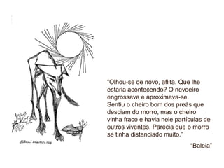 “Olhou-se de novo, aflita. Que lhe
estaria acontecendo? O nevoeiro
engrossava e aproximava-se.
Sentiu o cheiro bom dos preás que
desciam do morro, mas o cheiro
vinha fraco e havia nele partículas de
outros viventes. Parecia que o morro
se tinha distanciado muito.”
“Baleia”
 