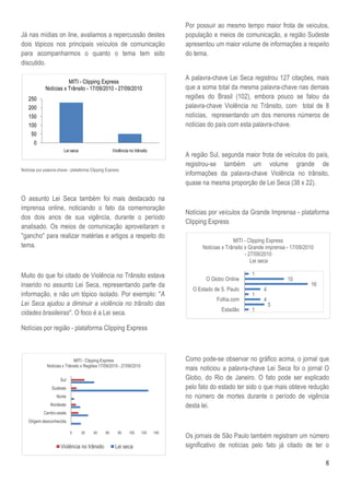 Por possuir ao mesmo tempo maior frota de veículos,
Já nas mídias on line, avaliamos a repercussão destes                              população e meios de comunicação, a região Sudeste
dois tópicos nos principais veículos de comunicação                                apresentou um maior volume de informações a respeito
para acompanharmos o quanto o tema tem sido                                        do tema.
discutido.

                                                                                   A palavra-chave Lei Seca registrou 127 citações, mais
                        MITI - Clipping Express
             Notícias x Trânsito - 17/09/2010 - 27/09/2010                         que a soma total da mesma palavra-chave nas demais
    250                                                                            regiões do Brasil (102), embora pouco se falou da
    200                                                                            palavra-chave Violência no Trânsito, com total de 8
    150                                                                            notícias, representando um dos menores números de
    100                                                                            notícias do país com esta palavra-chave.
     50
       0
                        Lei seca                     Violência no trânsito
                                                                                   A região Sul, segunda maior frota de veículos do país,
                                                                                   registrou-se também um volume grande de
Notícias por palavra-chave - plataforma Clipping Express
                                                                                   informações da palavra-chave Violência no trânsito,
                                                                                   quase na mesma proporção de Lei Seca (38 x 22).

O assunto Lei Seca também foi mais destacado na
imprensa online, noticiando o fato da comemoração
                                                                                   Notícias por veículos da Grande Imprensa - plataforma
dos dois anos de sua vigência, durante o período
                                                                                   Clipping Express
analisado. Os meios de comunicação aproveitaram o
''gancho'' para realizar matérias e artigos a respeito do
                                                                                                       MITI - Clipping Express
tema.                                                                                    Notícias x Trânsito x Grande imprensa - 17/09/2010
                                                                                                             - 27/09/2010
                                                                                                                Lei seca

Muito do que foi citado de Violência no Trânsito estava                                                        1
                                                                                          O Globo Online                       10
inserido no assunto Lei Seca, representando parte da                                                                                     16
                                                                                     O Estado de S. Paulo           4
informação, e não um tópico isolado. Por exemplo: ''A                                                          1
                                                                                               Folha.com            4
Lei Seca ajudou a diminuir a violência no trânsito das                                                                  5
                                                                                                 Estadão       1
cidades brasileiras''. O foco é a Lei seca.

Notícias por região - plataforma Clipping Express



                             MITI - Clipping Express                               Como pode-se observar no gráfico acima, o jornal que
              Notícias x Trânsito x Regiões 17/09/2010 - 27/09/2010
                                                                                   mais noticiou a palavra-chave Lei Seca foi o jornal O
                      Sul                                                          Globo, do Rio de Janeiro. O fato pode ser explicado
                 Sudeste                                                           pelo fato do estado ter sido o que mais obteve redução
                    Norte                                                          no número de mortes durante o período de vigência
                Nordeste                                                           desta lei.
            Centro-oeste
    Origem desconhecida

                            0      20    40     60      80     100    120    140
                                                                                   Os jornais de São Paulo também registram um número
                      Violência no trânsito           Lei seca                     significativo de notícias pelo fato já citado de ter o

                                                                                                                                              6
 