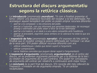 Estructura del discurs argumentatiu segons la retòrica clàssica. <ul><li>La  introducció  (anomenada  exordium ). Té com a...