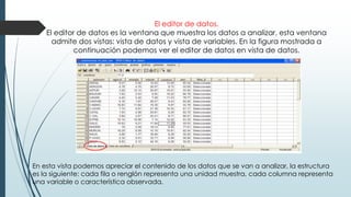 El editor de datos.
El editor de datos es la ventana que muestra los datos a analizar, esta ventana
admite dos vistas: vista de datos y vista de variables. En la figura mostrada a
continuación podemos ver el editor de datos en vista de datos.
En esta vista podemos apreciar el contenido de los datos que se van a analizar, la estructura
es la siguiente: cada fila o renglón representa una unidad muestra, cada columna representa
una variable o característica observada.
 