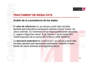 TRACTAMENT DE RESULTATS

Anàlisi de la consistència de les dades

El valor de referència (x), es calcula a partir dels resultats
aportats pels laboratoris participants després d’haver tractat els
valors anòmals. És l’estimació de la mitjana poblacional calculada,
x*, segons l’algoritme robust A de l’Annex C de la norma ISO
13528 (reproduït de la norma ISO 5725-5 o UNE 82009-5).
La desviació estàndard de l’exercici (s*), es calcula a partir dels
resultats aportats pels laboratoris participants i després d’haver
tractat els valors anòmals amb algoritme robust.




                                                                      10
 