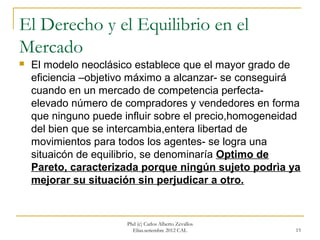 El Derecho y el Equilibrio en el
Mercado
   El modelo neoclásico establece que el mayor grado de
    eficiencia –objetivo máximo a alcanzar- se conseguirá
    cuando en un mercado de competencia perfecta-
    elevado número de compradores y vendedores en forma
    que ninguno puede influir sobre el precio,homogeneidad
    del bien que se intercambia,entera libertad de
    movimientos para todos los agentes- se logra una
    situaicón de equilibrio, se denominaría Optimo de
    Pareto, caracterizada porque ningún sujeto podrìa ya
    mejorar su situación sin perjudicar a otro.


                       Phd (c) Carlos Alberto Zevallos
                         Elías.setiembre 2012 CAL        15
 