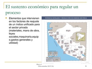 El sustento económico para regular un
proceso
   Elementos que intervienen
    en los factores de reajuste
    de un índice unificado para
    el sector privado
    (materiales, mano de obra,
    leyes
    sociales,maquinaria,equip
    o,gastos generales y
    utilidad)




                            Phd (c) Carlos Alberto Zevallos
                              Elías.setiembre 2012 CAL        38
 