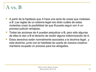 A vs. B
   A partir de la hipótesis que A hace una serie de cosas que molestan
    a B .Las reglas de un sistema legal nos dirán cuáles de estas
    molestias crean la posibilidad de que B pueda seguir con A un
    proceso judicial ventajoso.
   Todas las acciones de A pueden perjudicar a B, pero sólo algunas
    de ellas le dan a B el derecho de recibir alguna indemnización de A.
   Estos derechos están normalmente asociados a la doctrina legal , y
    esta doctrina- junto con la habilidad de usarla de manera creativa-
    mantiene ocupado un proceso para los abogados.




                            Phd (c) Carlos Alberto Zevallos
                              Elías.setiembre 2012 CAL                44
 