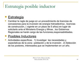 Estrategia posible inductor

   Estrategia
   Cambiar la regla de juego en un procedimiento de licencias de
    concesiones para la inversión de energía hidroeléctrica , licencias
    de construcción, ( vigente en un plazo de 5 años) en lugar de
    solicitarlo ante el Ministerio Energía y Minas , los Gobiernos
    Regionales se harán cargo de las funciones,responsabildiades.
   Posibles Inductores
   Actividades específicas . 1) Investigar las necesidades y
    expectativas de la zona –población y de la inversión . 2) Selección
    de los postores, interesados,que se implementen en un año.




                            Phd (c) Carlos Alberto Zevallos
                              Elías.setiembre 2012 CAL                    49
 