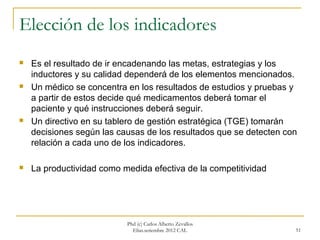 Elección de los indicadores
   Es el resultado de ir encadenando las metas, estrategias y los
    inductores y su calidad dependerá de los elementos mencionados.
   Un médico se concentra en los resultados de estudios y pruebas y
    a partir de estos decide qué medicamentos deberá tomar el
    paciente y qué instrucciones deberá seguir.
   Un directivo en su tablero de gestión estratégica (TGE) tomarán
    decisiones según las causas de los resultados que se detecten con
    relación a cada uno de los indicadores.

   La productividad como medida efectiva de la competitividad




                           Phd (c) Carlos Alberto Zevallos
                             Elías.setiembre 2012 CAL               51
 